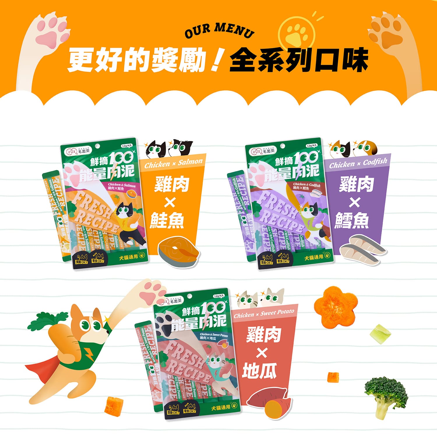 【毛起來】鮮摘100能量肉泥｜雞肉X鱈魚